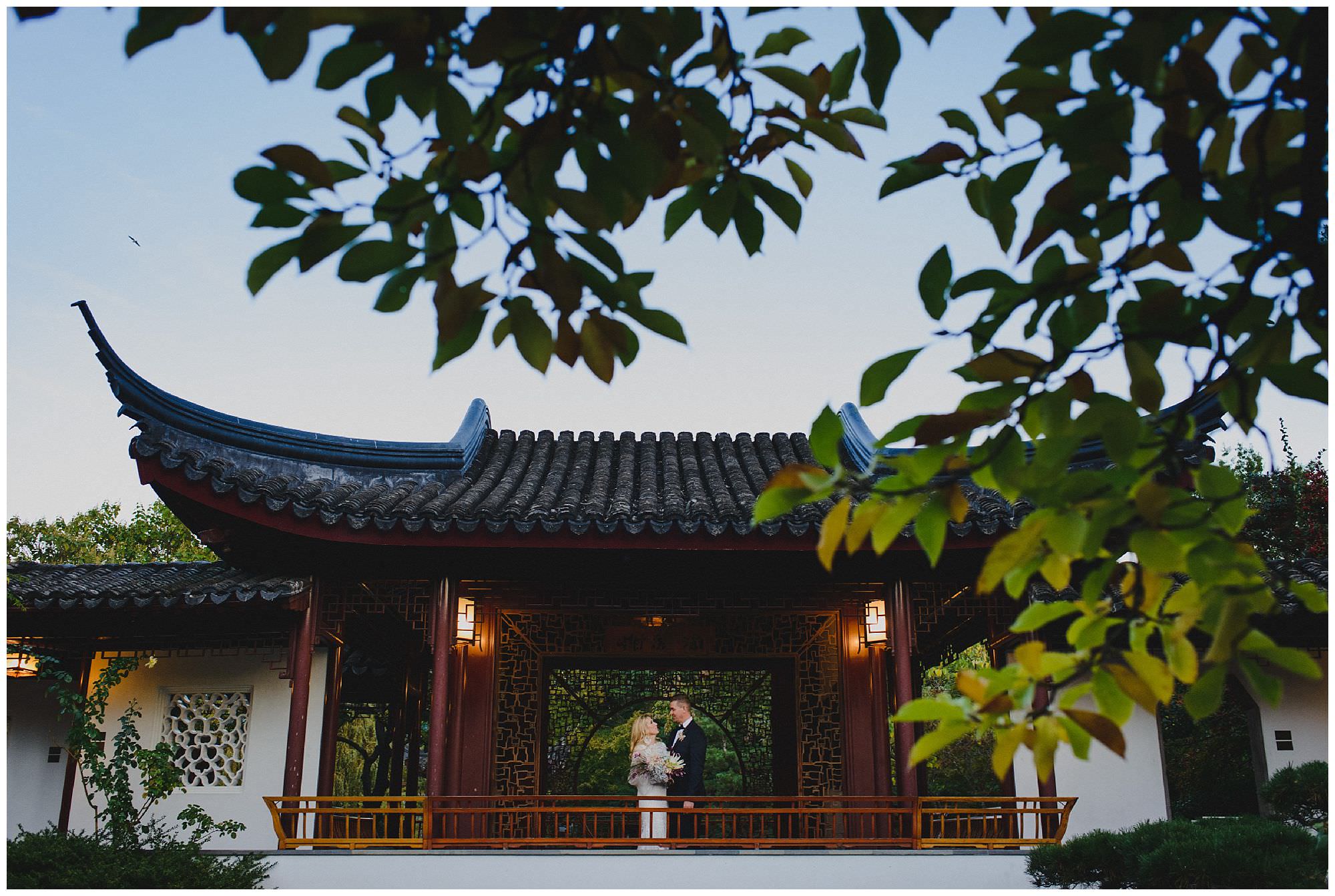 Bride and Groom at sunset after their wedding ceremony at Dr. Sun Yat-Sen Classical Chinese Gardens, elopement, intimate wedding, mature bride and groom